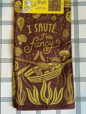Blue Q brown and chartreuse 'I Saute I'm Fancy' kitchen towel